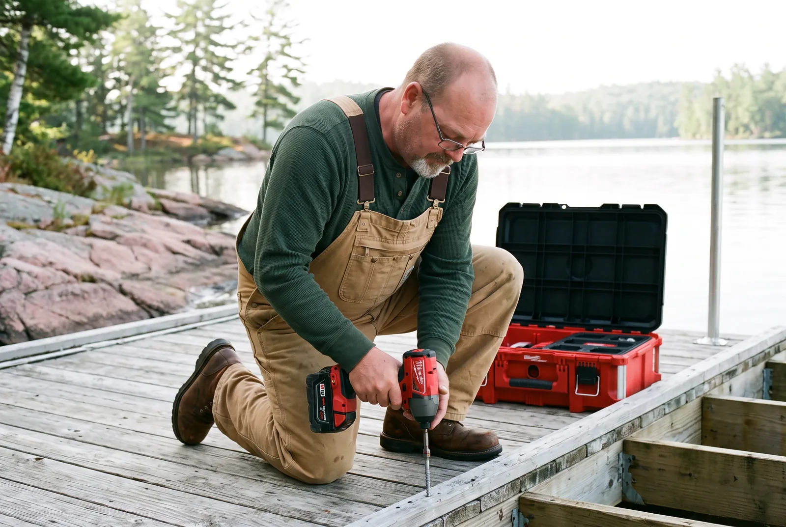 Ken Anderson putting a dock in on a Parry Sound lake with a cordless driver