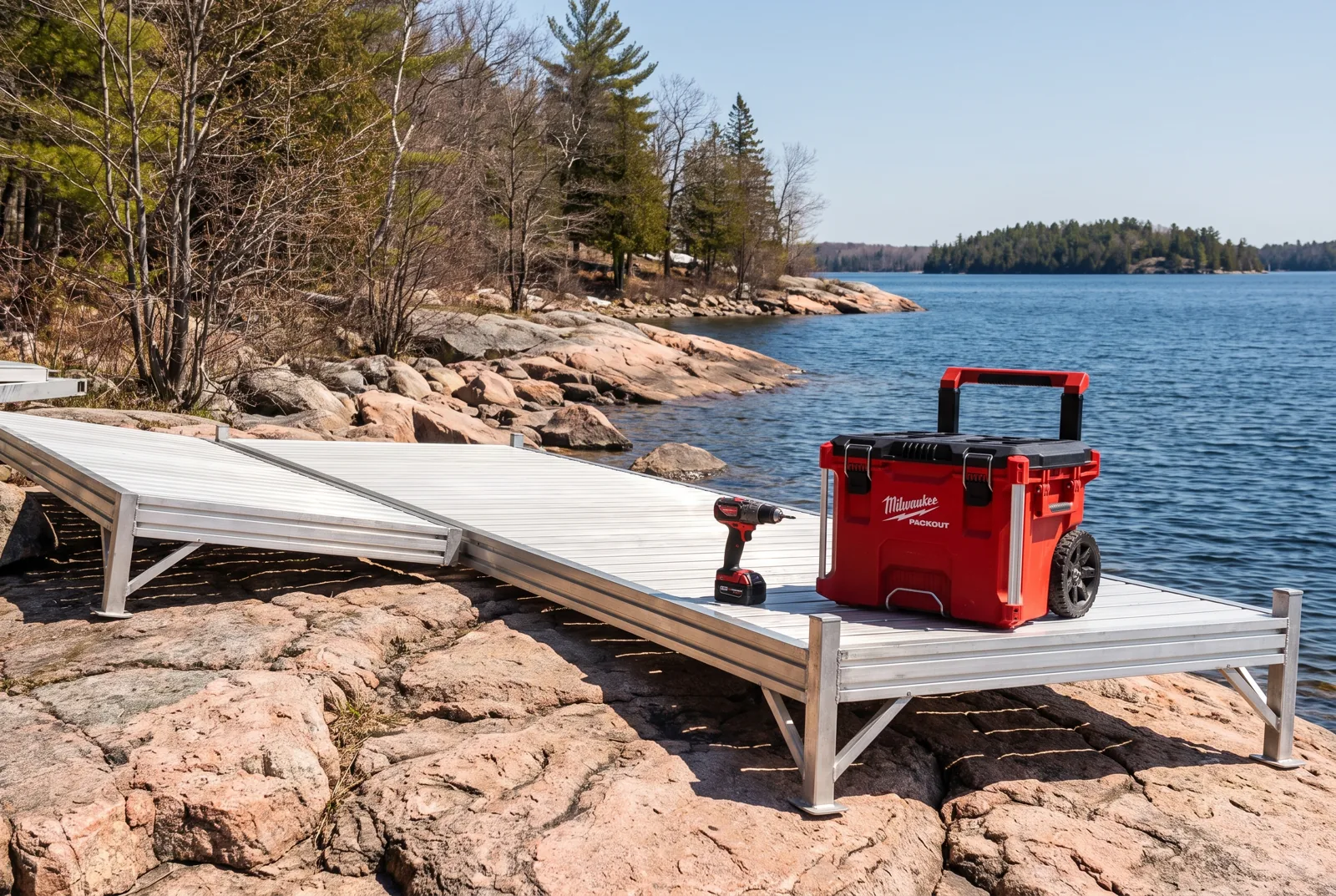 A dock going in on a rocky Georgian Bay shoreline in spring, MacTier area