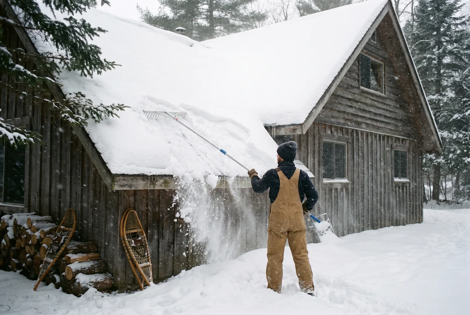 Clearing deep snow off a cottage roof with a roof rake during a winter snow squall in Muskoka