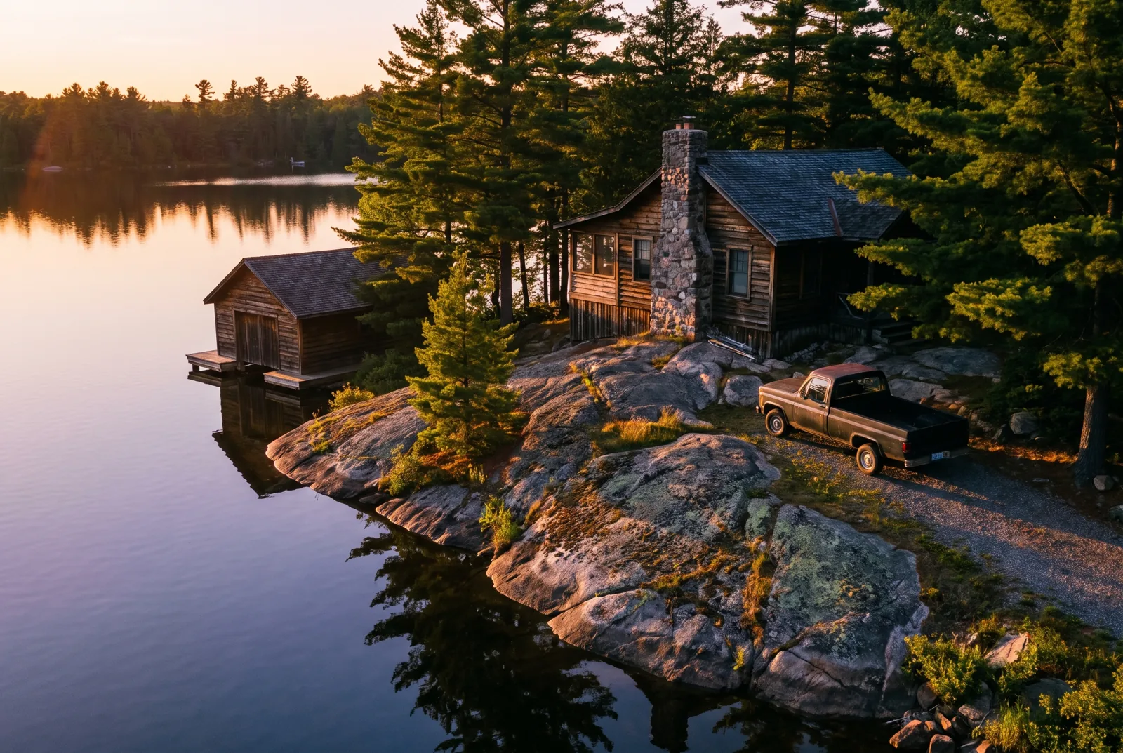 A cottage and boathouse on a granite point at golden hour on a Muskoka lake, Gravenhurst area